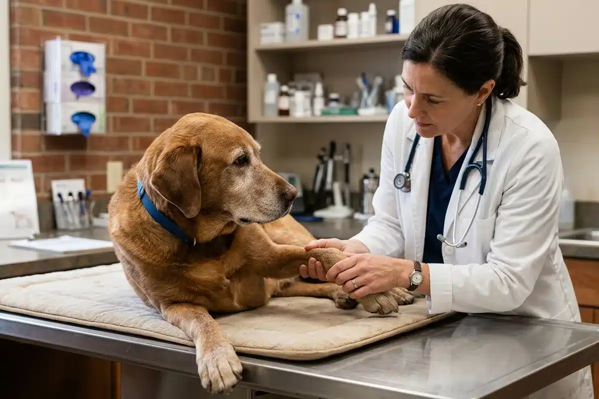 Vétérinaire examinant un chien senior labrador Vétérinaire examinant un labrador roux senior sur la table d'examen