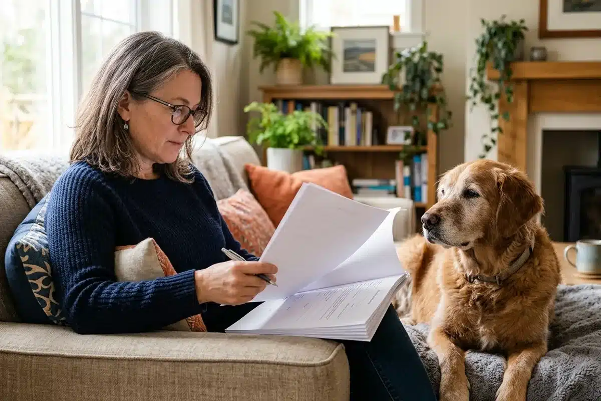 Propriétaire lisant un contrat d'assurance animaux avec son chien Femme lisant attentivement un contrat d'assurance animaux, son chien senior à ses côtés