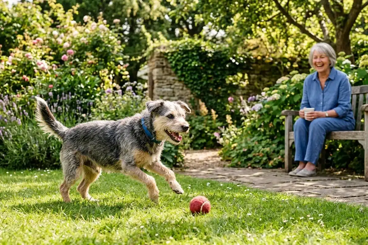 Chien senior en bonne santé jouant dans un jardin Chien senior jouant dans un jardin ensoleillé, propriétaire souriant en arrière-plan