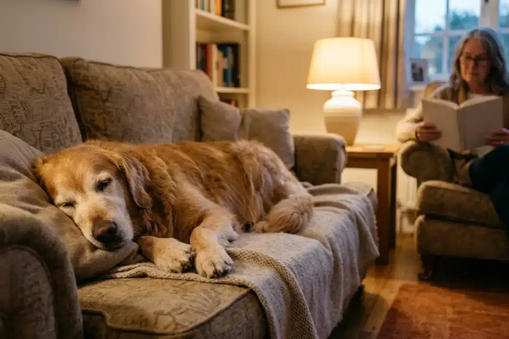 Chien golden retriever senior allongé sur canapé, propriétaire lisant en arrière-plan