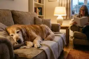 Chien golden retriever senior allongé sur canapé, propriétaire lisant en arrière-plan