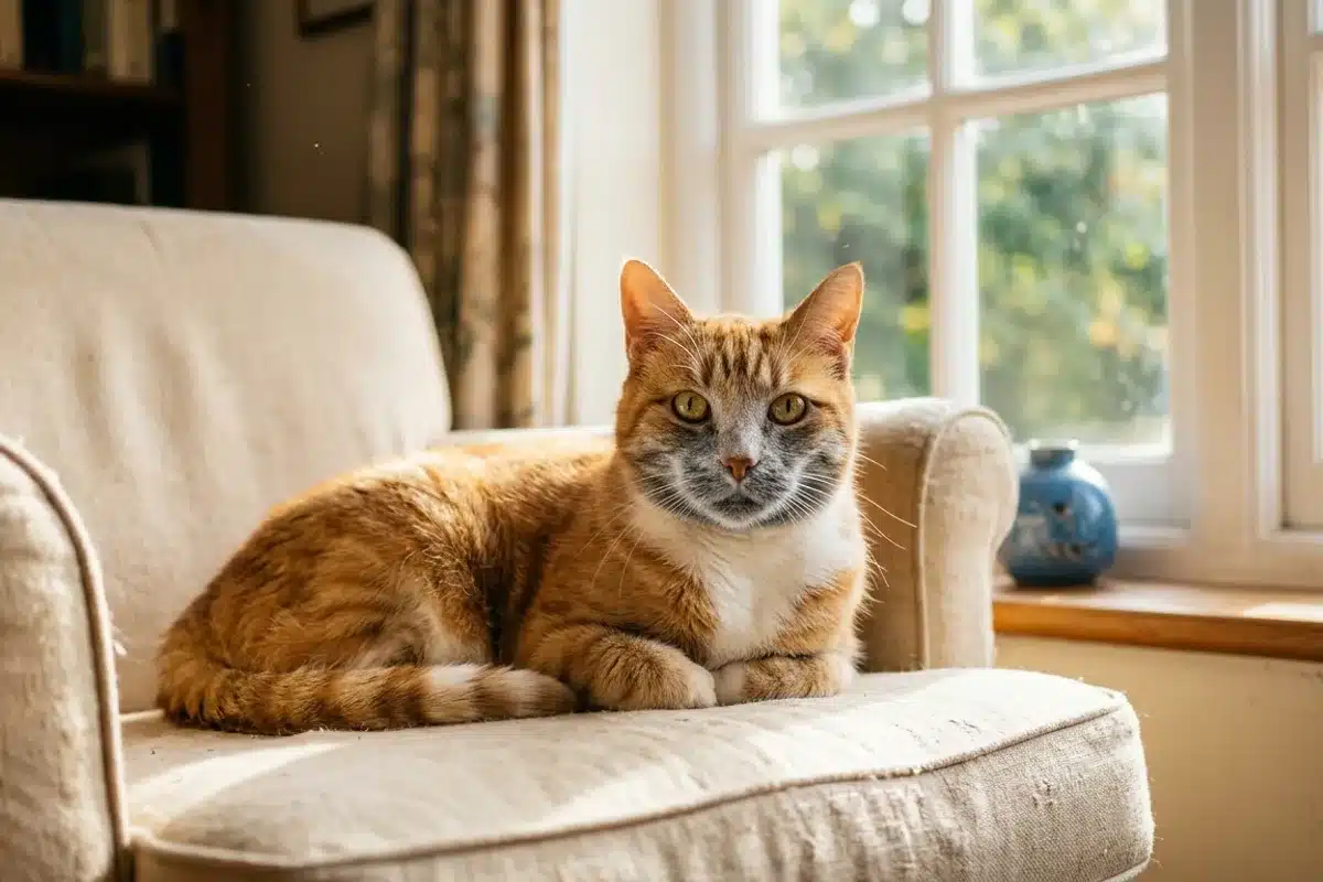 Vieux chat tigré orange aux yeux verts posé sur un fauteuil beige, assurance chat senior