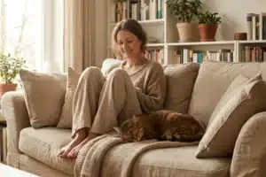 Bienfaits des animaux de compagnie sur la santé : femme détendue avec son chat sur un canapé dans un salon lumineux