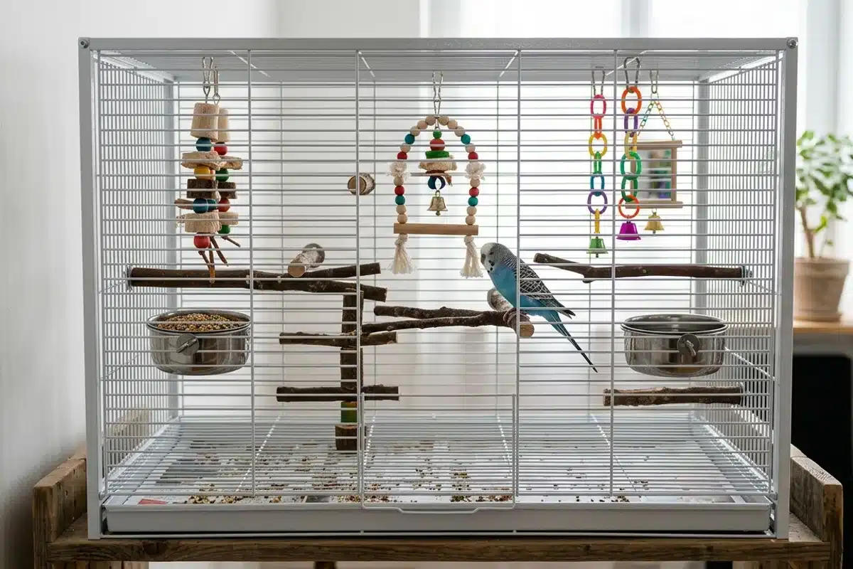 Cage à barreaux horizontaux pour perruche avec perchoirs en bois, gamelles en inox et jouets colorés