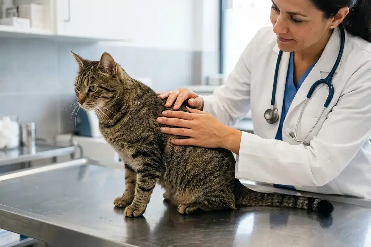 Chat tigré examiné par un vétérinaire avec stéthoscope sur table d'examen