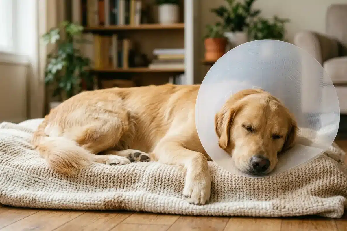 Chien en convalescence après stérilisation Chien golden retriever portant un collier élisabéthain au repos après une stérilisation