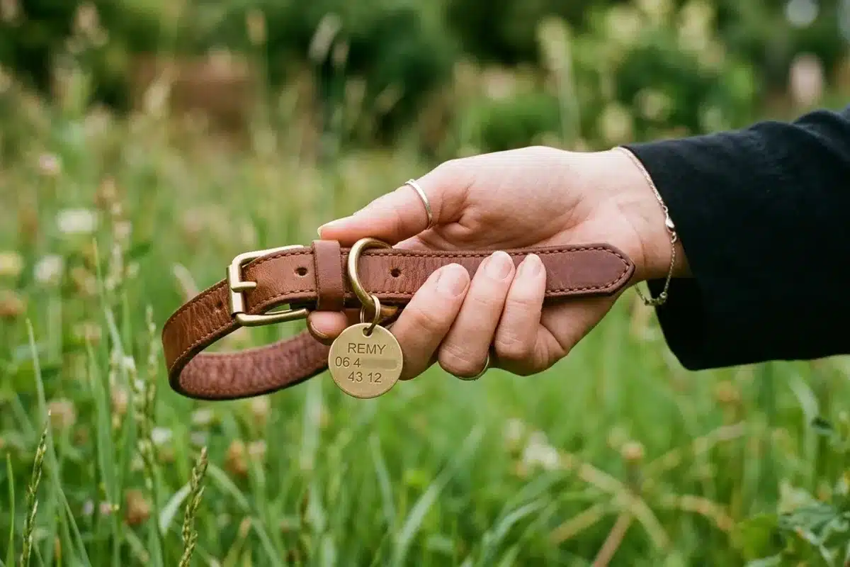 Collier et medaille d identification d un chien errant Main tenant un collier de chien en cuir avec medaille doree portant un numero de telephone pour identifier le proprietaire