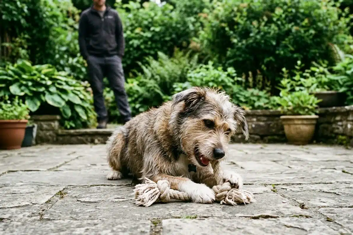 Chien adulte avec jouet en corde, méthode de redirection Chien adulte mâchant un jouet en corde sur une terrasse, alternative au mordillement