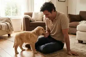 Chiot mordillant doucement la main de son maître dans un salon ensoleillé