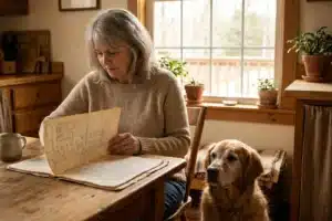 Femme qui lit un contrat d'assurance animale avec son chien golden retriever