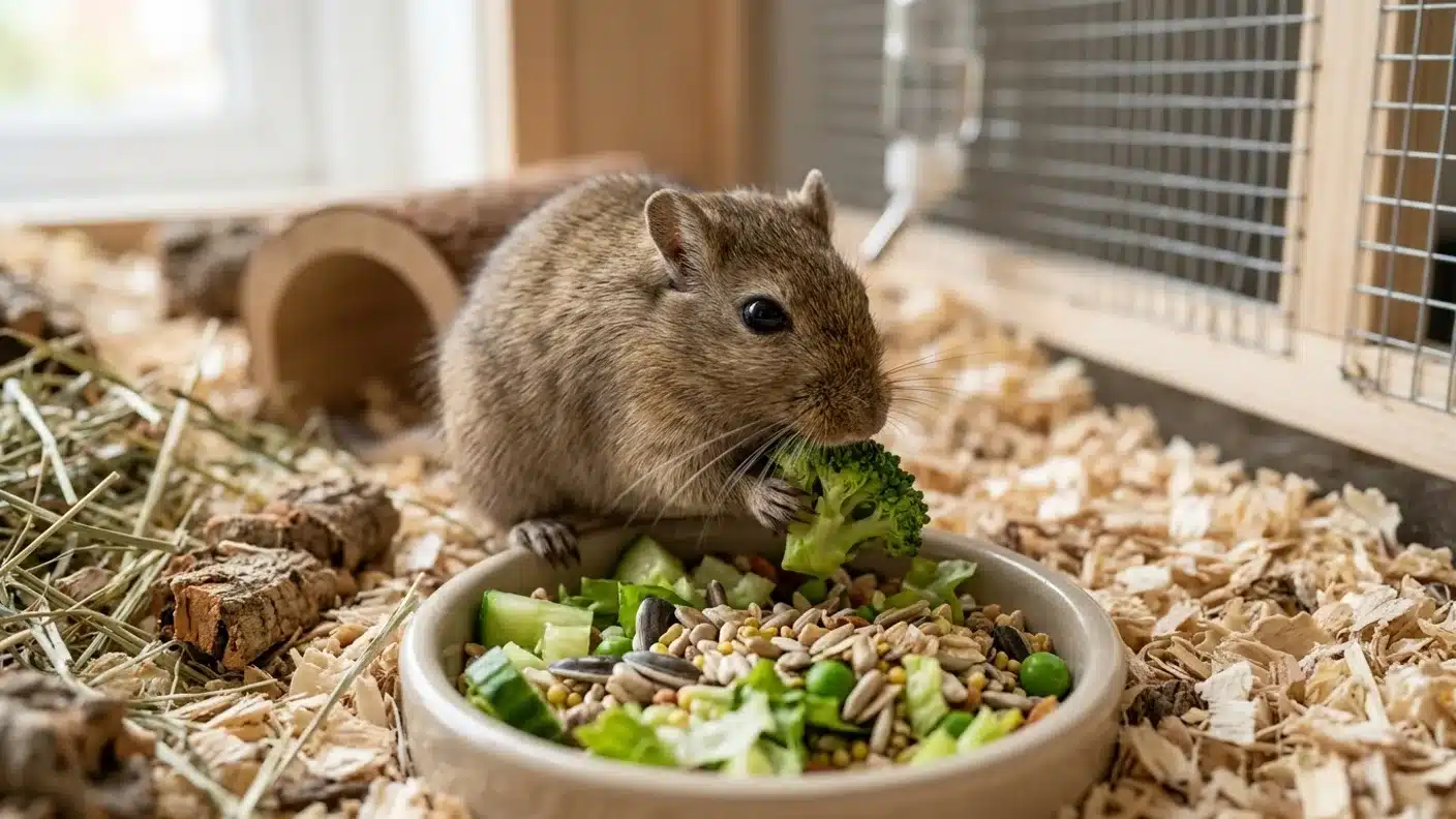 Gerbille mangeant des graines fraîches dans son habitat Gerbille brune mangeant une graine dans un habitat avec copeaux de bois