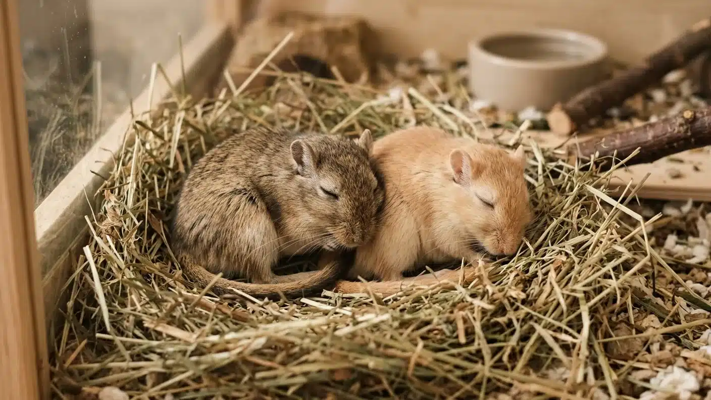 Deux gerbilles domestiques se reposant ensemble dans un nid de foin Deux gerbilles domestiques blotties dans un nid de foin, signes de vieillissement