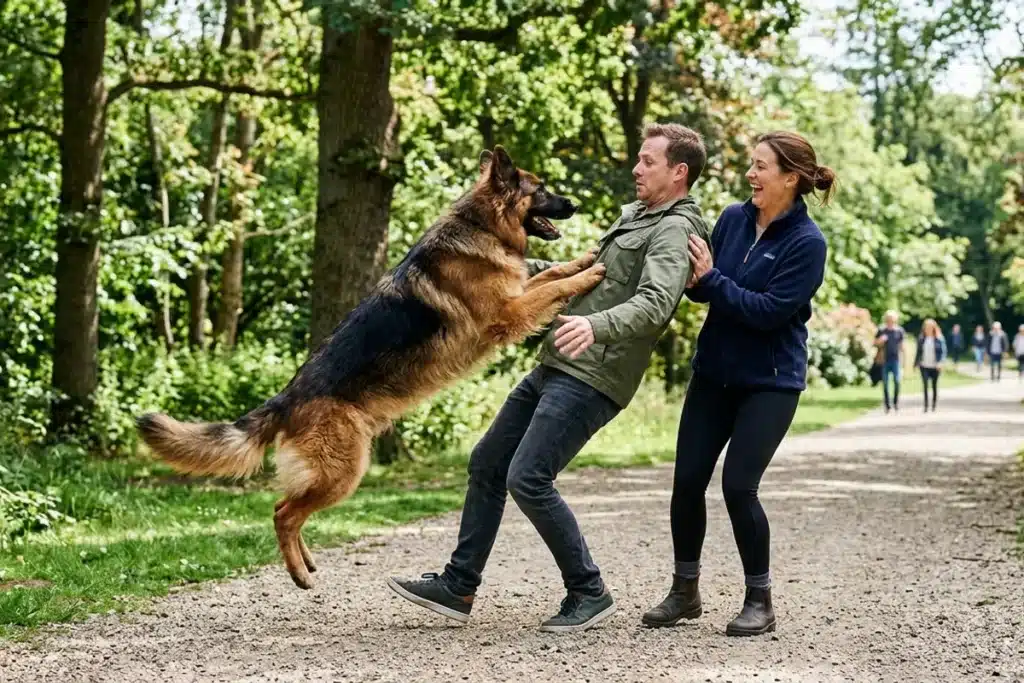 Berger allemand sautant sur un homme et une femme dans un parc verdoyant