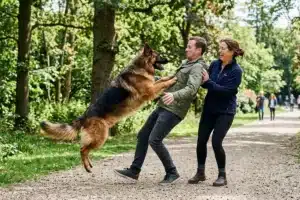 Berger allemand sautant sur un homme et une femme dans un parc verdoyant