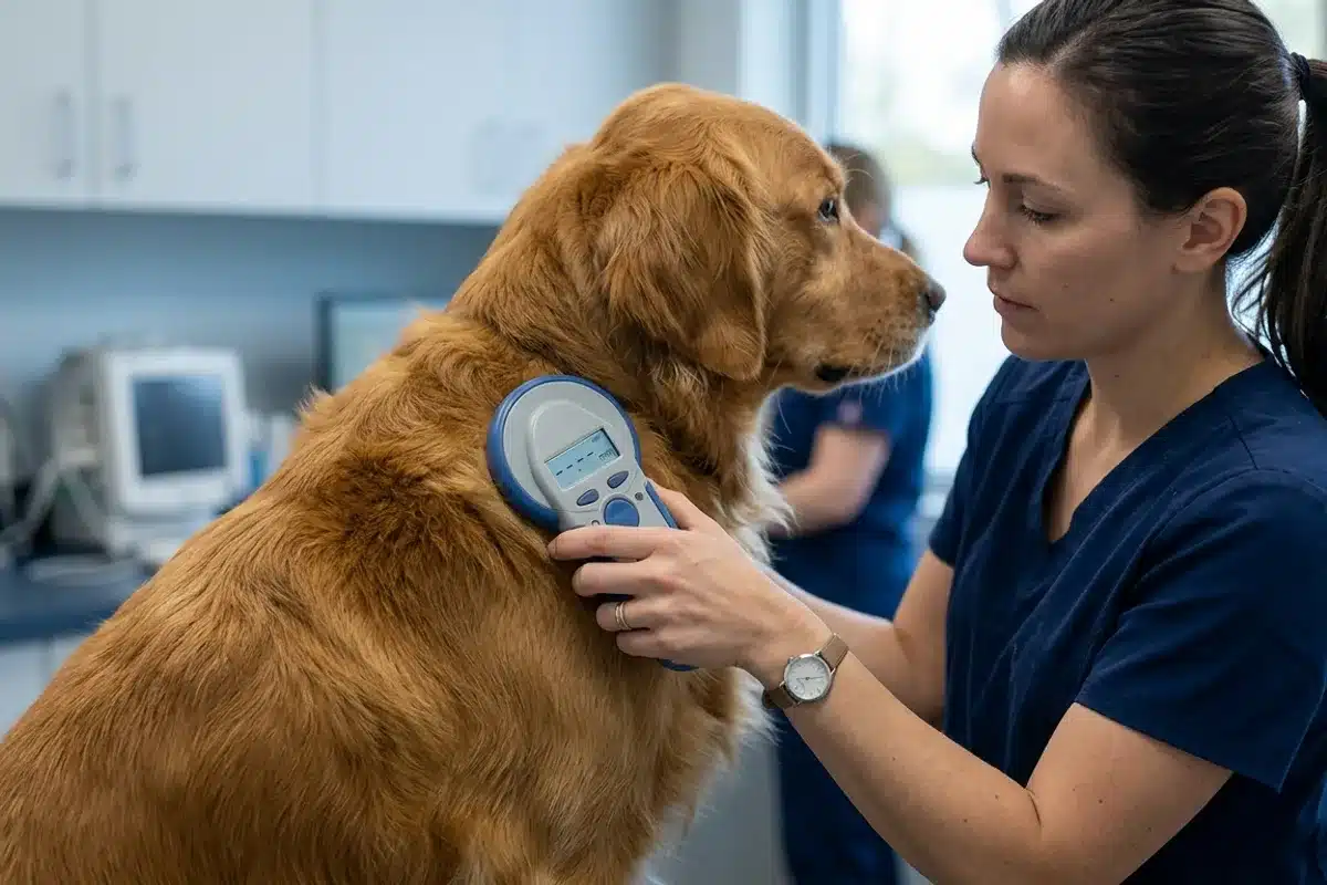 Vérification de la puce électronique d'identification animale Vétérinaire scannant la puce électronique d'un chien pour vérifier ses informations d'identification i-cad
