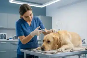 Vétérinaire qui identifie un chien par puce électronique dans un cabinet vétérinaire