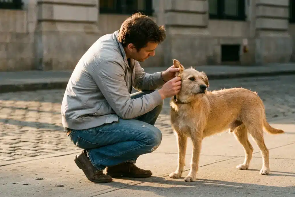 Personne accroupie sur un trottoir de ville examinant l oreille d un chien errant pour verifier son tatouage d identification