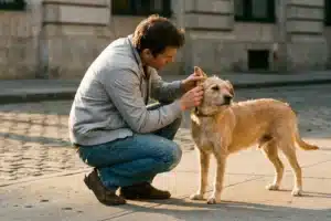 Personne accroupie sur un trottoir de ville examinant l oreille d un chien errant pour verifier son tatouage d identification