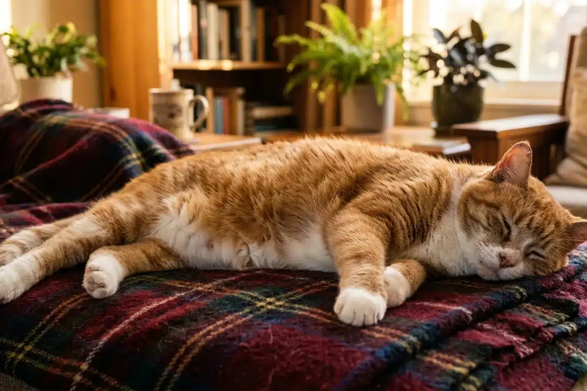 Vieux chat roux couché sur une couverture à la lumière dorée, mutuelle chat âgé