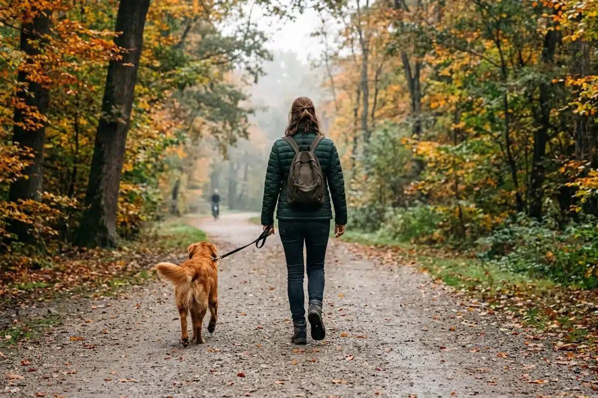 Promener son chien, bon pour le cœur Une personne promène son chien sur un chemin de parc en automne, la marche régulière est bénéfique pour le cœur