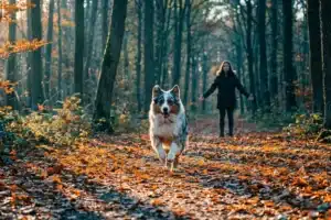 Berger australien qui revient en courant vers son maître dans une forêt automnale