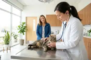 Vétérinaire examinant un chat en consultation, remboursement stérilisation par assurance animaux