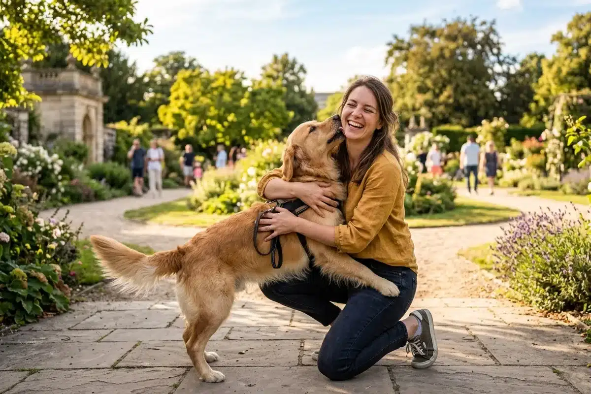Retrouvailles entre un propriétaire et son chien perdu Propriétaire agenouillé retrouvant son chien disparu en extérieur, retrouvailles après déclaration i-cad