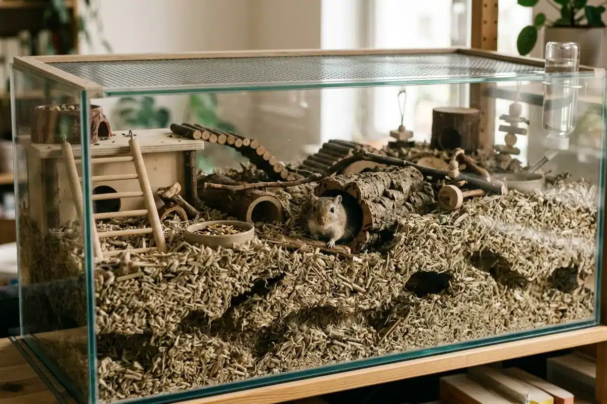 Terrarium gerbille de Mongolie Terrarium en verre pour gerbilles avec litière profonde de chanvre, tunnels et cachettes en bois