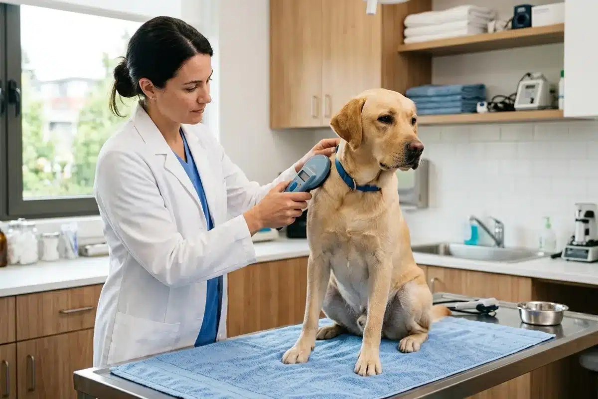 Vétérinaire scannant la puce d'identification d'un chien Vétérinaire en blouse blanche scannant la puce électronique d'un chien avec un lecteur i-cad
