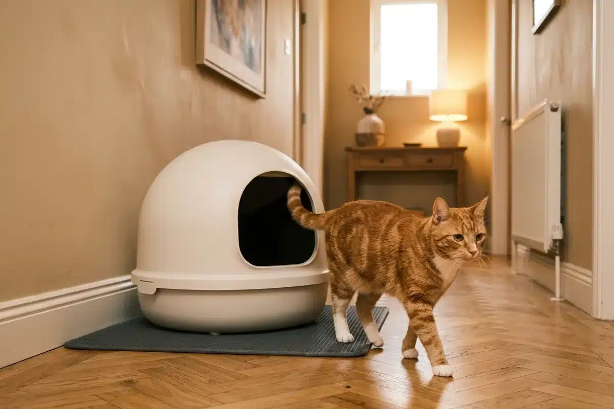 Chat sortant d'une litière autonettoyante Chat roux sortant sereinement d'une litière autonettoyante couverte dans un couloir intérieur