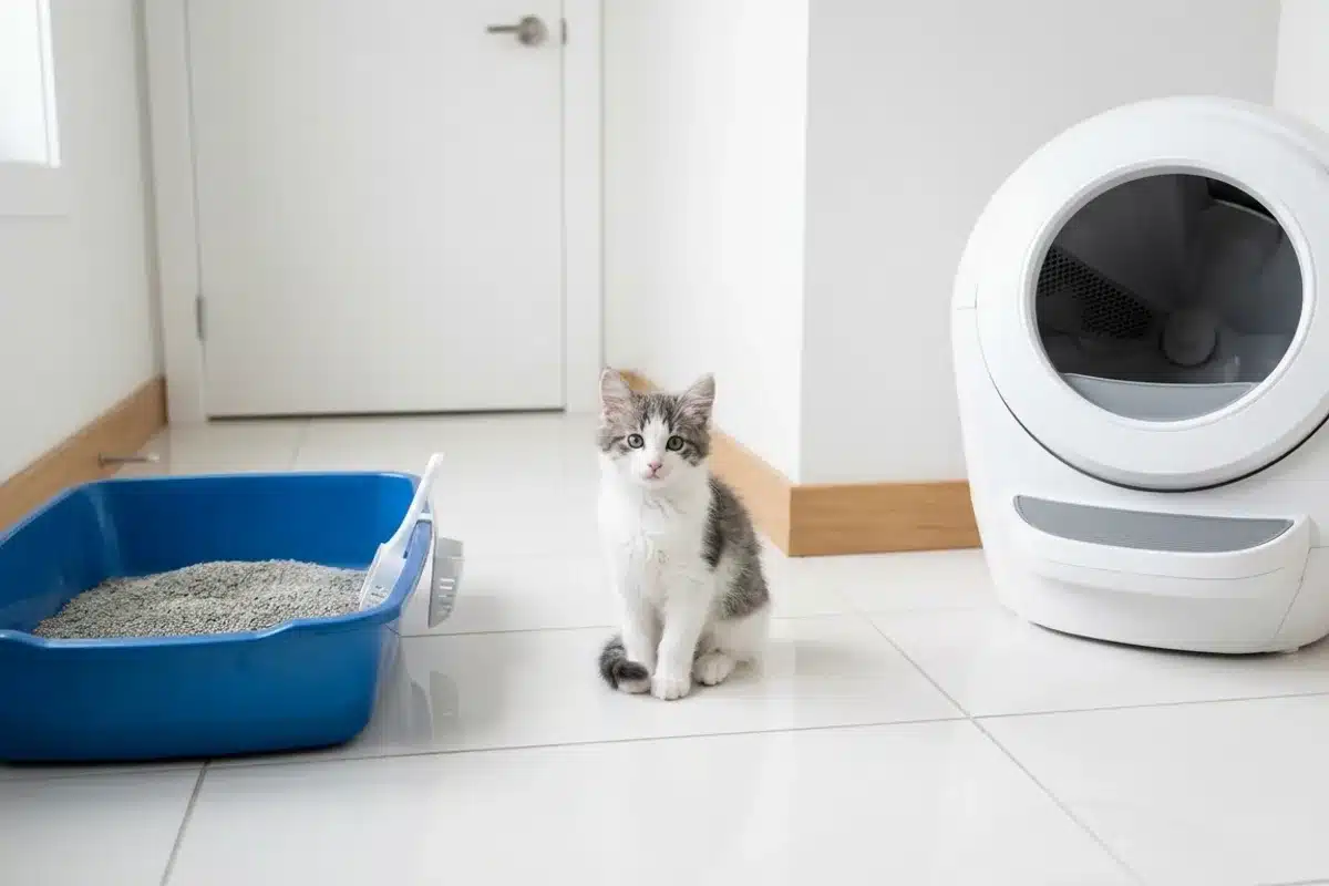 Chaton entre litière classique et litière automatique Chaton blanc et gris de 3-4 mois assis entre un bac classique et une litière automatique sur carrelage blanc, cadrage large