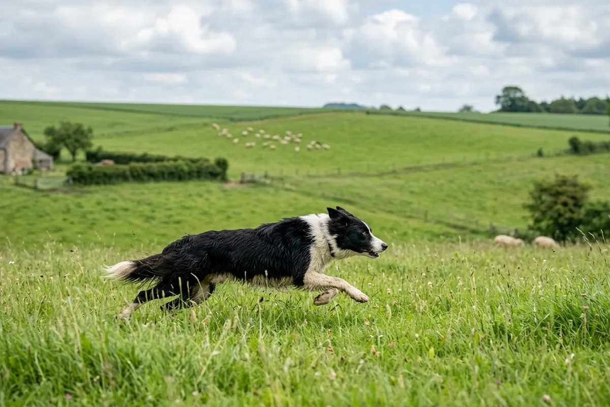 Chien de berger courant dans une prairie Un chien de berger noir et blanc court dans une prairie verte, des moutons au loin
