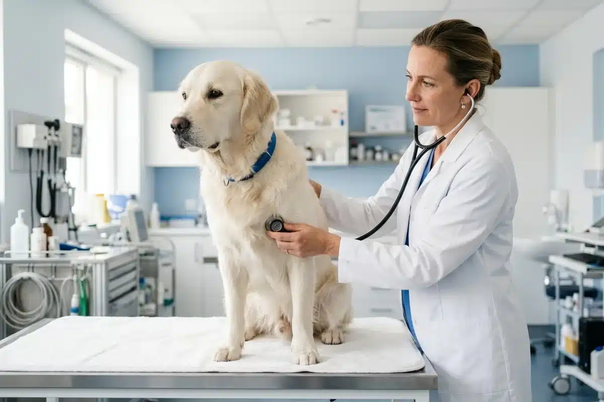 Chien examiné chez le vétérinaire Un chien clair ausculté au stéthoscope par une vétérinaire sur une table d'examen