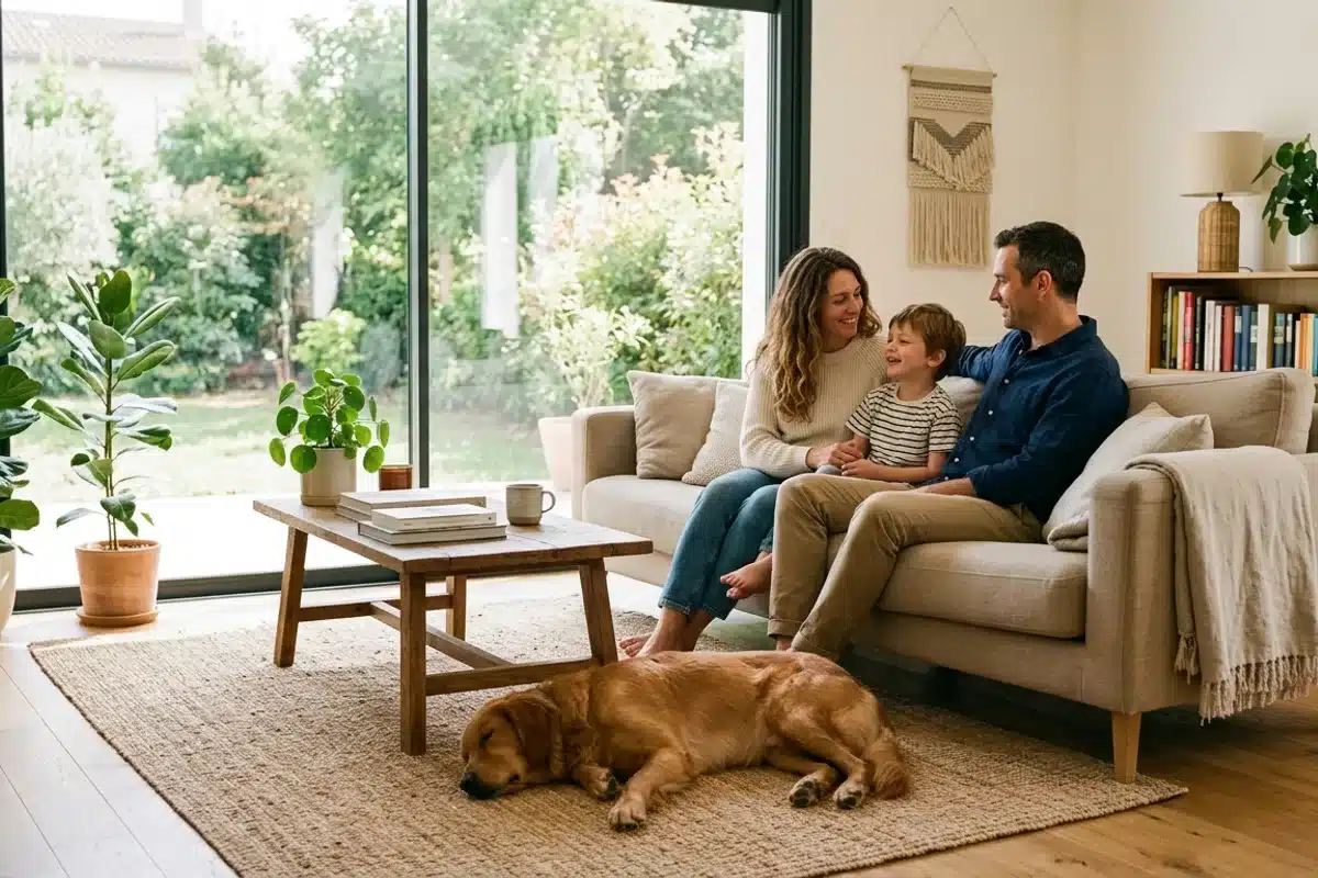 Une famille et son chien dans le salon Une famille assise sur un canapé dans un salon lumineux avec un golden retriever couché sur le tapis
