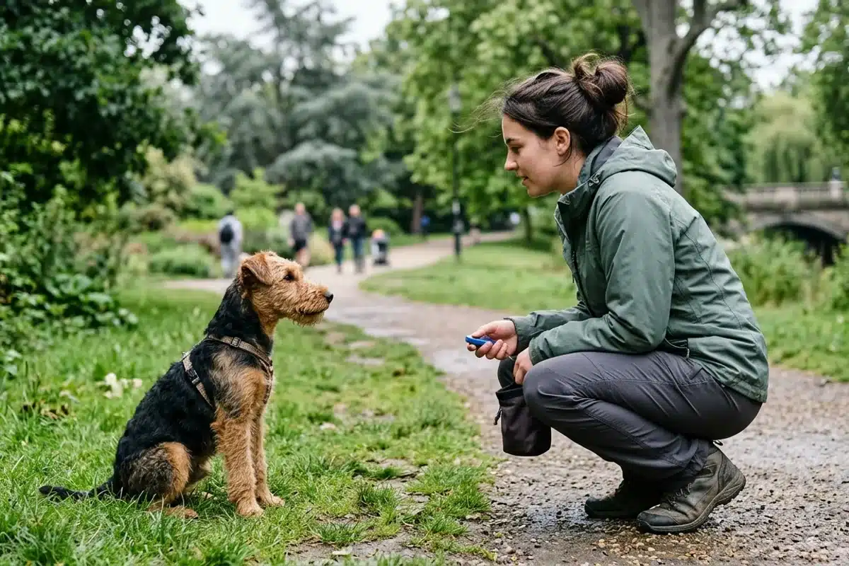 Séance d'éducation positive avec un jeune chien Une personne accroupie face à un jeune chien lors d'une séance d'éducation dans un parc