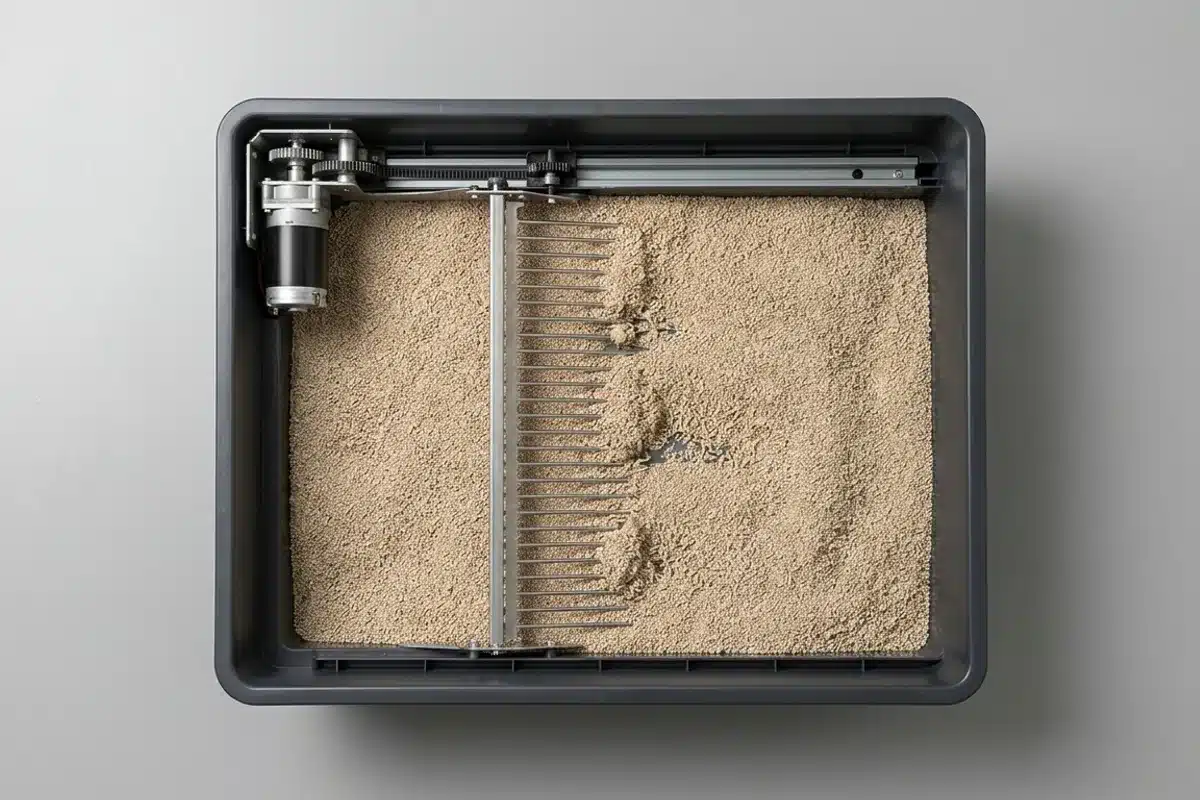 Mécanisme de râteau d'une litière automatique Vue de dessus du mécanisme de râteau motorisé d'une litière automatique pour chat