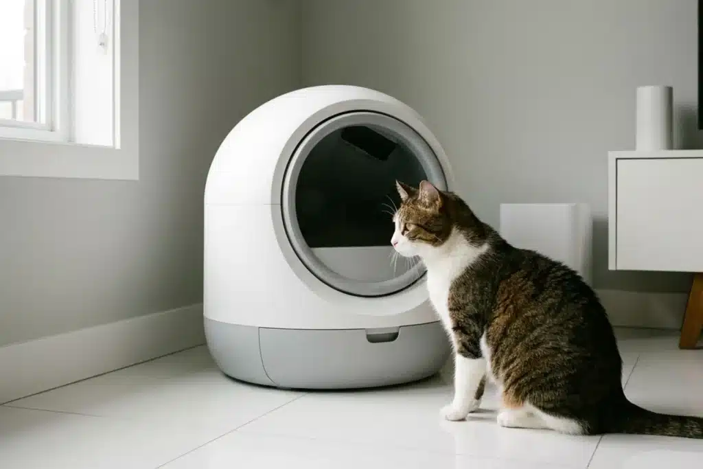 Chat assis devant une litière automatique dans un intérieur propre, litière autonettoyante