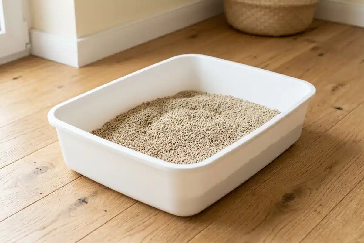 Bac à litière bas classique pour jeune chat Bac à litière classique blanc bas ouvert rempli de granulés de litière agglomérante fine beige, posé sur plancher bois naturel