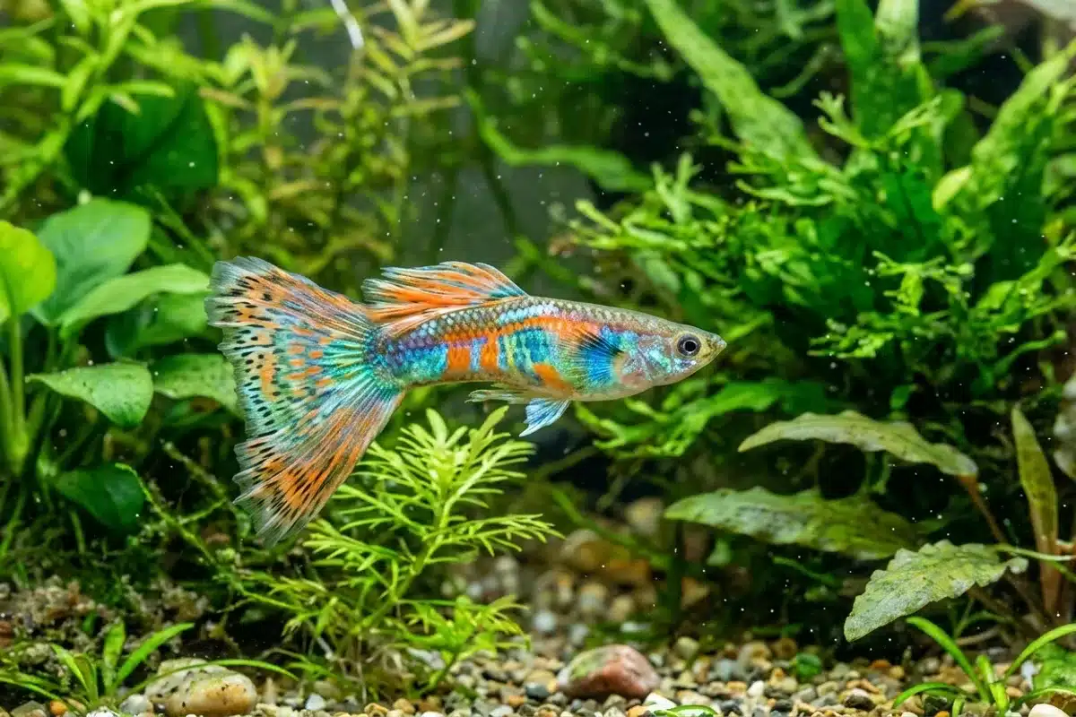 Poissons aquarium eau douce débutant guppys Guppy coloré nageant dans un aquarium d'eau douce planté, espèce idéale pour débutant