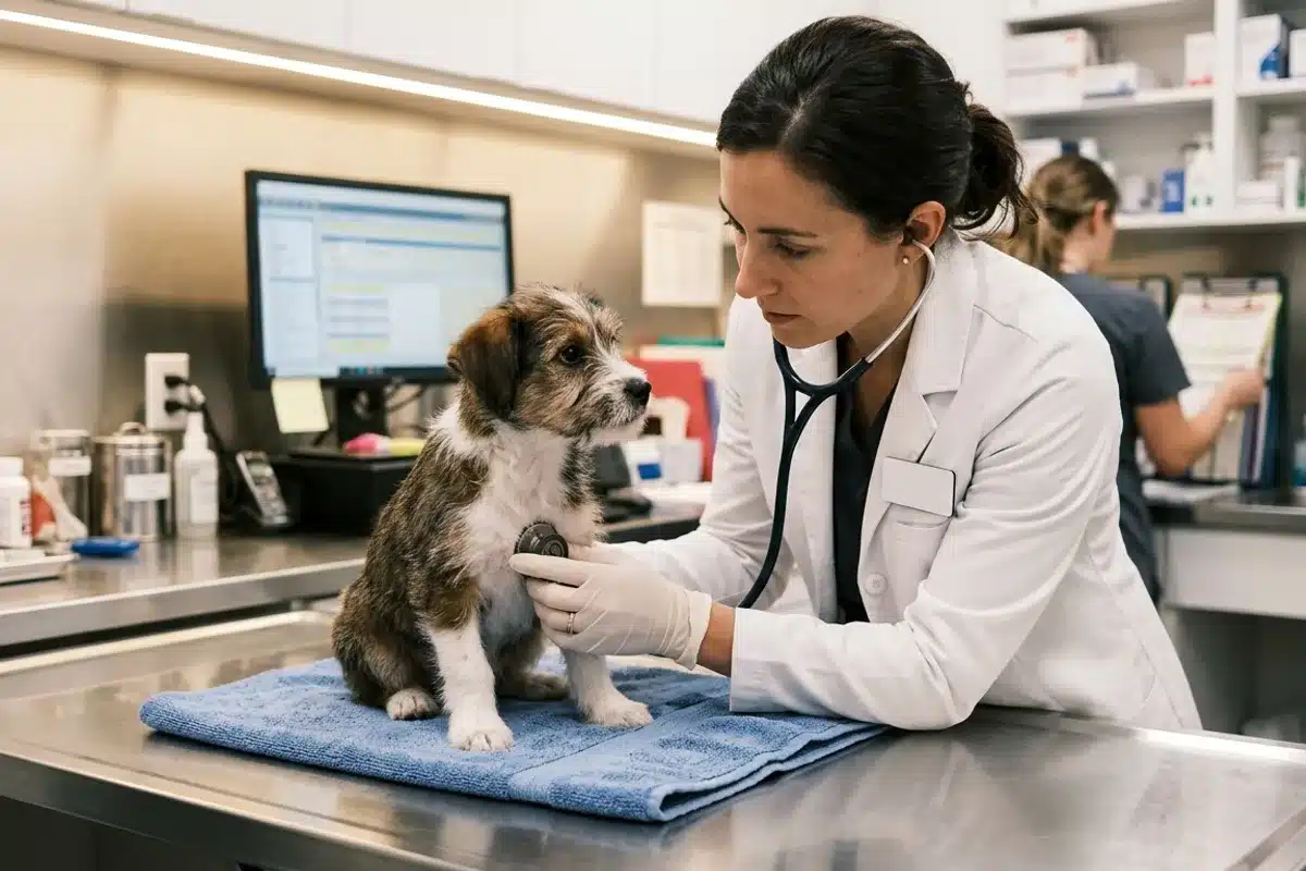 Chiot en consultation chez le vétérinaire pour vermifugation Vétérinaire en blouse blanche examinant un chiot sur une table d'examen lors d'une consultation