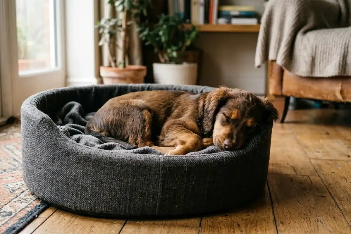 Chiot en bonne santé reposant dans son panier Jeune chiot allongé confortablement dans son panier, l'air sain et reposé à la maison