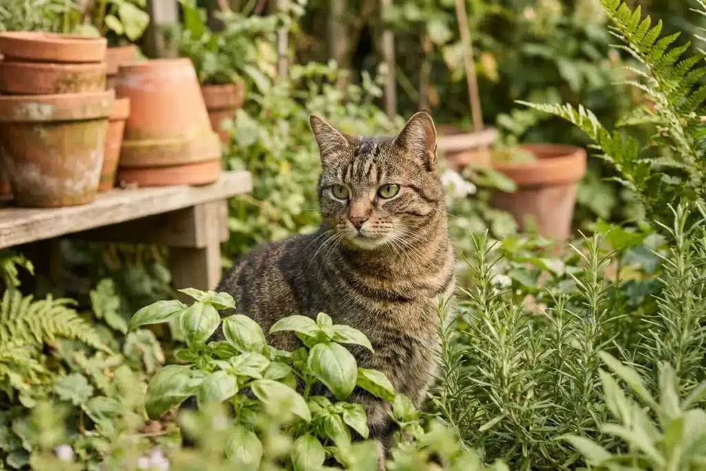 Chat adulte tabby dans un jardin entouré de plantes vertes et de pots en terre cuite, contexte soins naturels animaux