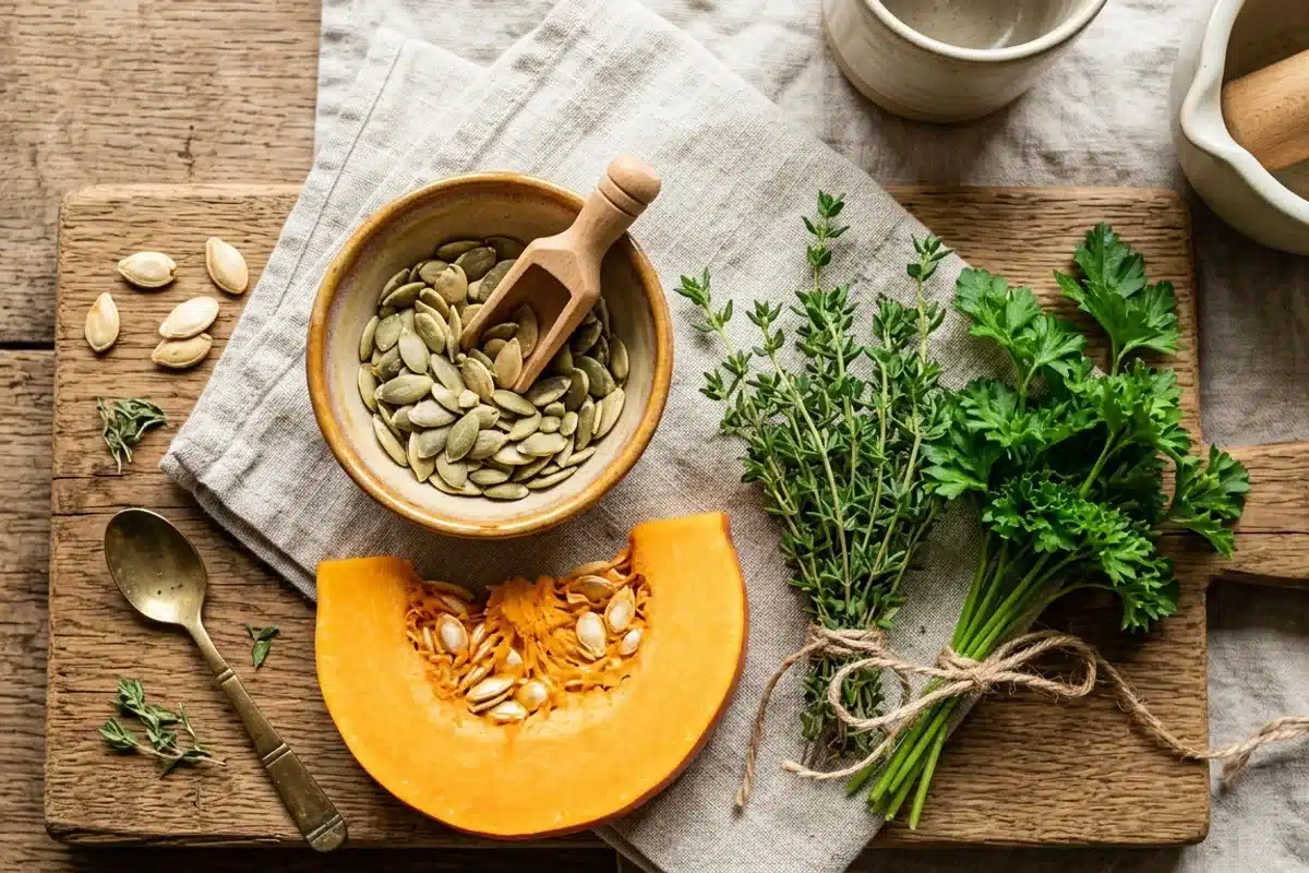 Graines de courge et herbes aromatiques pour la santé des animaux Flat lay de graines de courge, tranche de potiron, thym et persil sur planche en bois, ingrédients naturels utilisés en complément de la santé animale