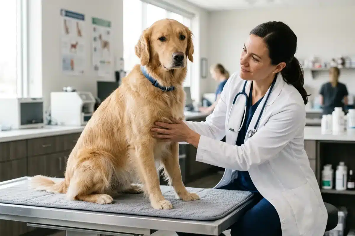 Vétérinaire examinant un chien dans une clinique moderne Vétérinaire en blouse blanche examinant un golden retriever calme sur une table d'examen dans une clinique vétérinaire lumineuse